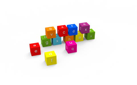 Set of 12 wooden cubes with the alphabet