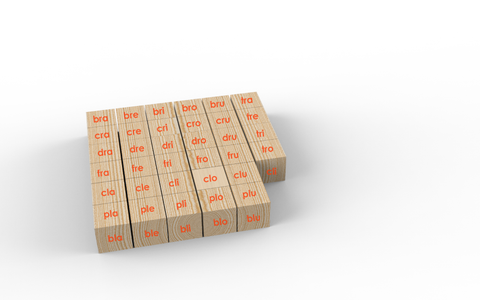 Game of 34 wooden cubes with syllables and the alphabet