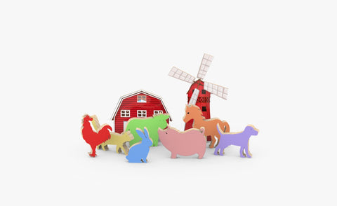 Set of Colorful, Chunky Wooden Toys Representing a Farm Scene