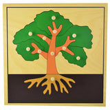 Montessori-style wooden puzzle featuring various animals and plants